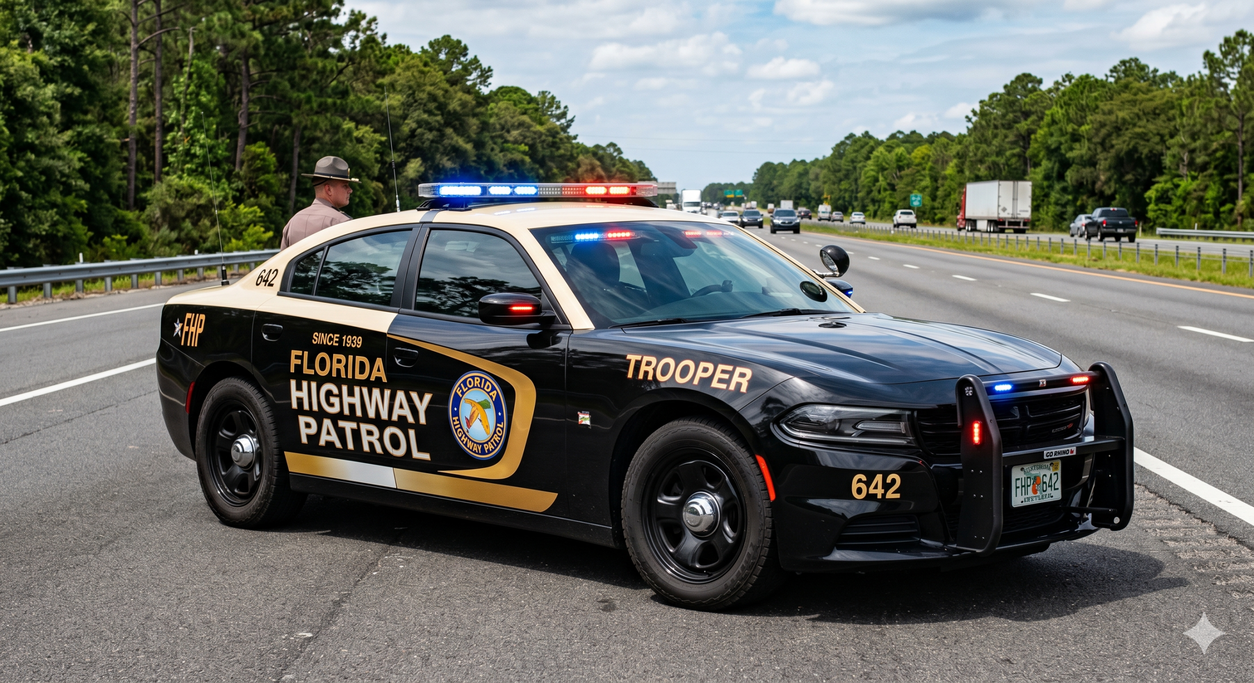 Florida Highway Patrol car with flashing lights