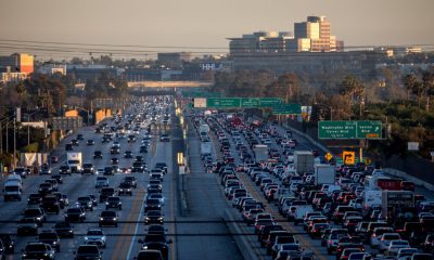 Heavy freeway traffic at sunset in Los Angeles