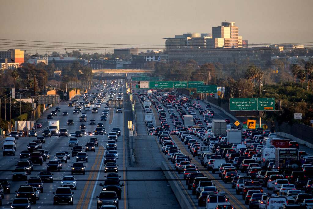 Heavy freeway traffic at sunset in Los Angeles