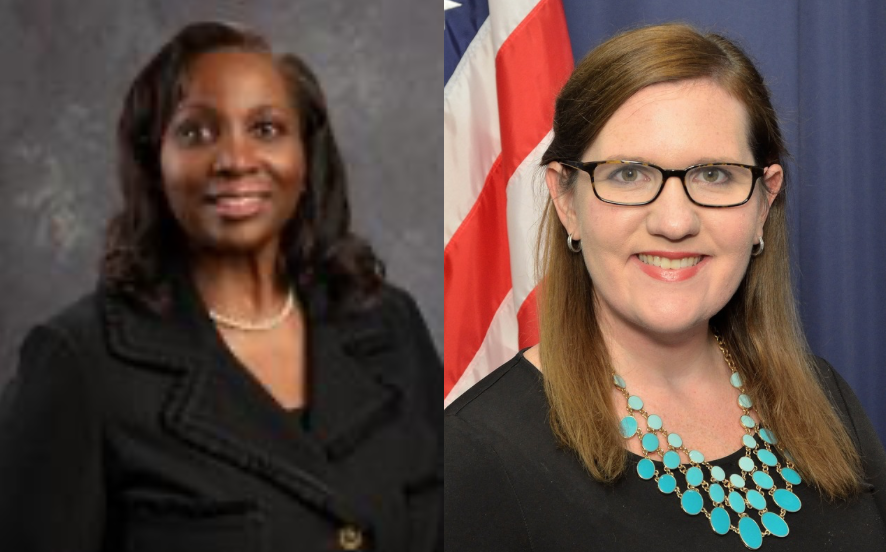 Two professional women in formal portrait photos
