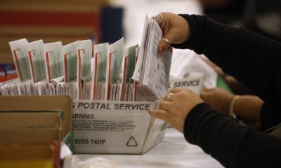 Person sorting mail-in ballots in postal box
