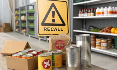 Food recall warning sign with canned goods