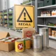 Food recall warning sign with canned goods