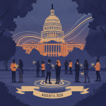 Illustration of people gathering with candles in front of the Capitol building, celebrating National Night Out on August 4…