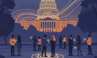 Illustration of people gathering with candles in front of the Capitol building, celebrating National Night Out on August 4…