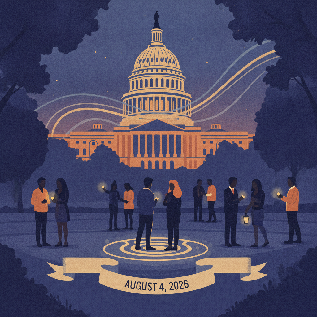 Illustration of people gathering with candles in front of the Capitol building, celebrating National Night Out on August 4…