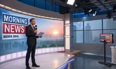 News anchor delivering morning broadcast in studio
