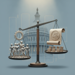 A scale balancing employee figures and legal documents, symbolizing the Employee Ownership Fairness Act in front of the Ca…