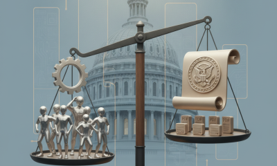 A scale balancing employee figures and legal documents, symbolizing the Employee Ownership Fairness Act in front of the Ca…
