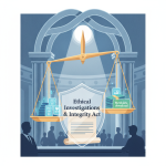 Illustration of the Ethical Investigations and Integrity Act featuring scales of justice and documents in a legislative se…