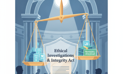 Illustration of the Ethical Investigations and Integrity Act featuring scales of justice and documents in a legislative se…