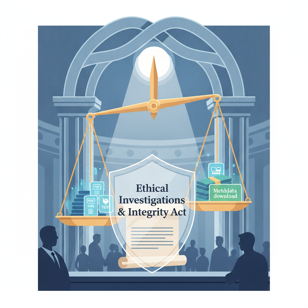 Illustration of the Ethical Investigations and Integrity Act featuring scales of justice and documents in a legislative se…