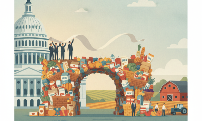 Illustration of an arch made of groceries in front of the U.S. Capitol, symbolizing the Family Grocery and Farmer Relief Act.