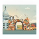 Illustration of an arch made of groceries in front of the U.S. Capitol, symbolizing the Family Grocery and Farmer Relief Act.