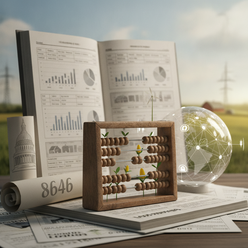 An abacus with sprouts, a globe, and financial documents symbolize agriculture funding and d — HR 8646 appropriations bill