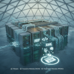 A futuristic data center submerged in water with flowing data streams and file icons, — Data Center Water Transparency Act