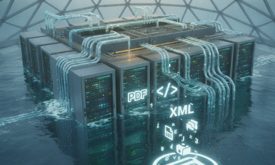 A futuristic data center submerged in water with flowing data streams and file icons, — Data Center Water Transparency Act