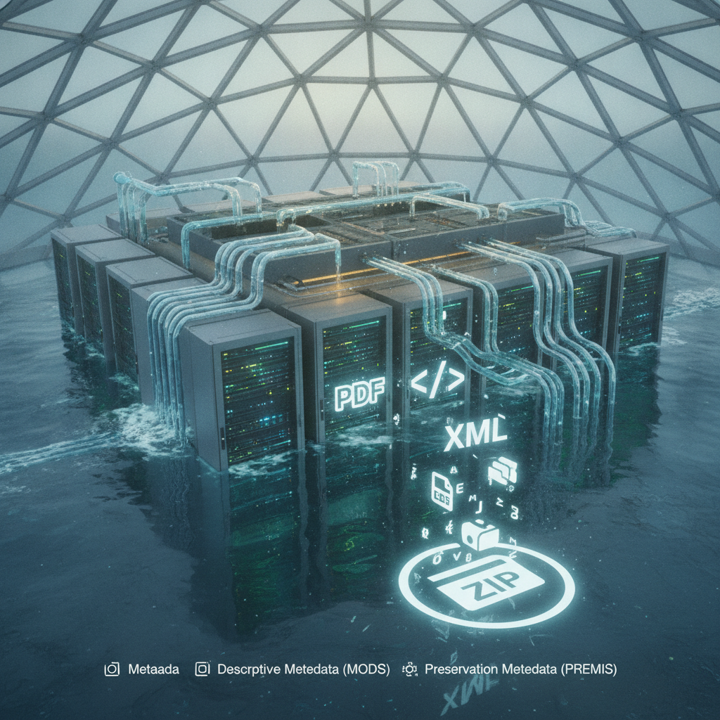 A futuristic data center submerged in water with flowing data streams and file icons, — Data Center Water Transparency Act
