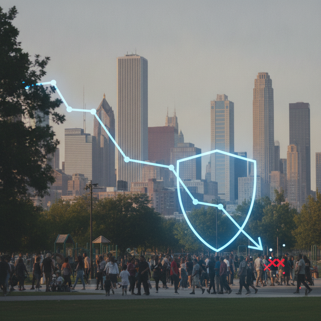 A city skyline with a downward trend line overlay, symbolizing the decline in homicide rates acro — homicide rates decline