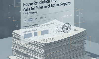 Illustration depicting House Resolution 1453 with a stack of documents and digital interface elements, emphasizing transpa…