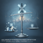 A digital illustration of a balanced scale representing the Weaponization Offender Claims Ban Act, with data files and a s…