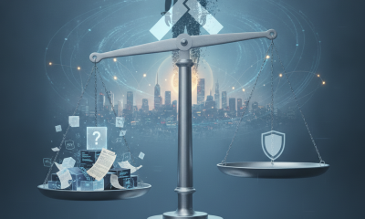 A digital illustration of a balanced scale representing the Weaponization Offender Claims Ban Act, with data files and a s…