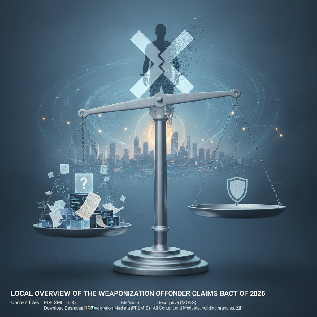 A digital illustration of a balanced scale representing the Weaponization Offender Claims Ban Act, with data files and a s…