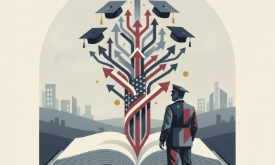 A soldier stands before an open book with arrows and graduation caps symbolizing an education program for veterans.