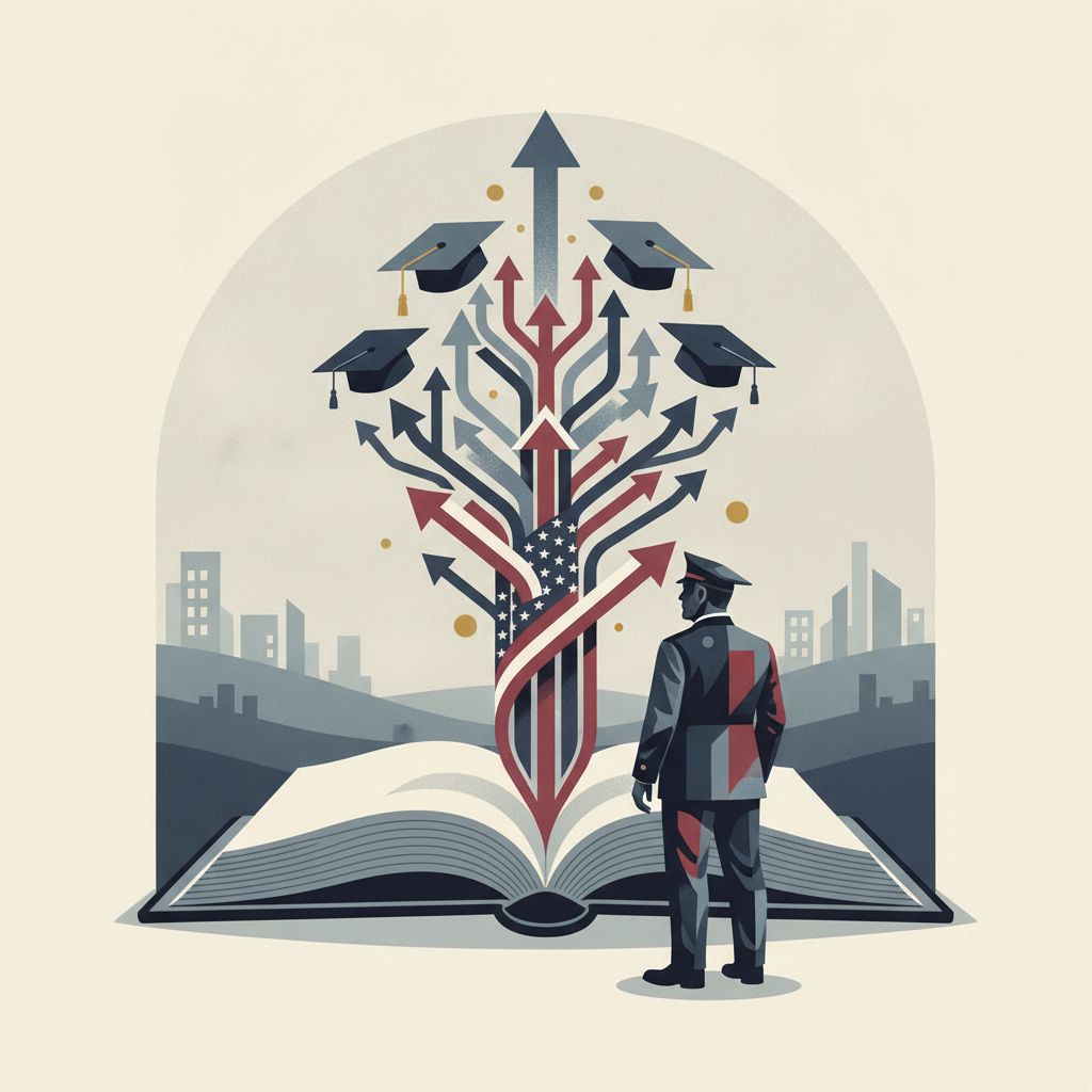 A soldier stands before an open book with arrows and graduation caps symbolizing an education program for veterans.