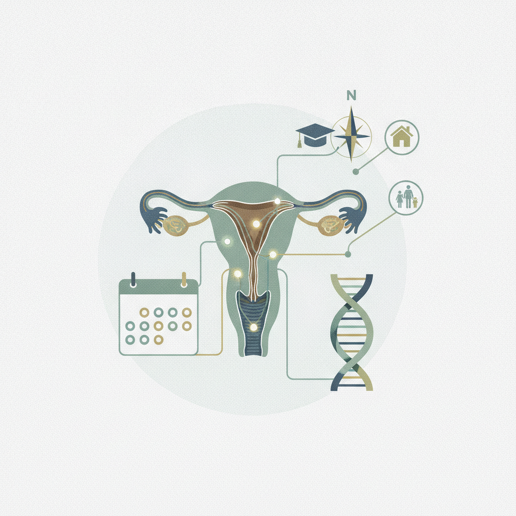 Illustration depicting reproductive health concepts, including a uterus, calendar, DNA — teen pregnancy prevention program