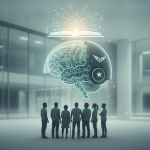 Group of people observing a digital brain with a helmet and an open book above, symboliz — behavioral neurology fellowship