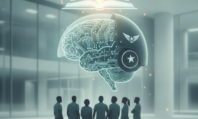 Group of people observing a digital brain with a helmet and an open book above, symboliz — behavioral neurology fellowship