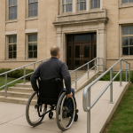A person in a wheelchair approaches the entrance of a building with accessi — accessibility in federally funded facilities