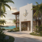 Modern building with a military emblem, surrounded by palm trees and ocean views, proposed — Veterans clinic Saint Thomas