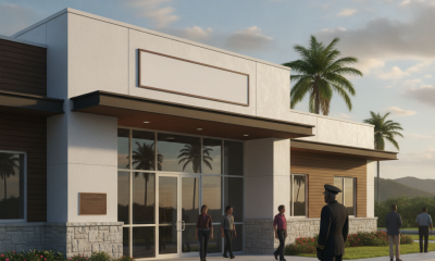 Exterior view of the Saint Croix VA clinic with palm trees and people outside, honoring local veteran David C. Canegata III.