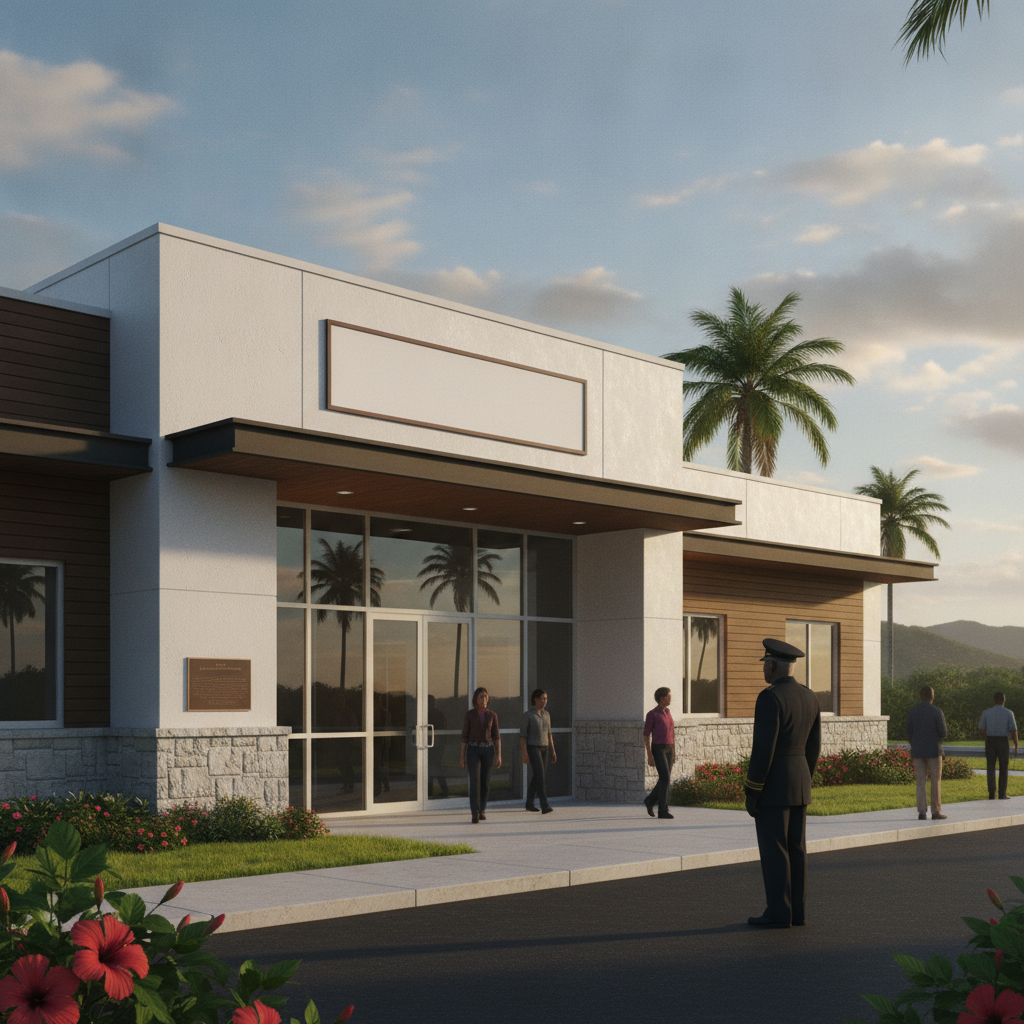 Exterior view of the Saint Croix VA clinic with palm trees and people outside, honoring local veteran David C. Canegata III.