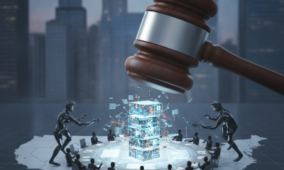 A gavel hovers above a digital representation of online prediction markets, with figu — online prediction markets gambling