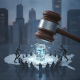 A gavel hovers above a digital representation of online prediction markets, with figu — online prediction markets gambling