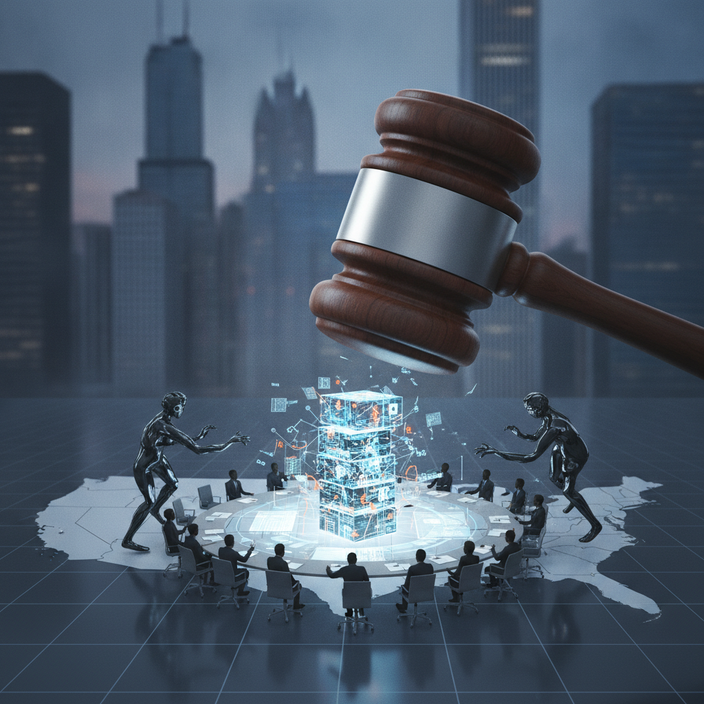 A gavel hovers above a digital representation of online prediction markets, with figu — online prediction markets gambling