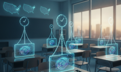 A futuristic classroom with holographic screens displaying clocks and swirling galaxie — classroom screen time regulations