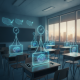 A futuristic classroom with holographic screens displaying clocks and swirling galaxie — classroom screen time regulations