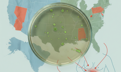 Map of the U.S. showing a cyclosporiasis outbreak with a petri dish and symptoms illustrated, highlighting 4,173 cases.