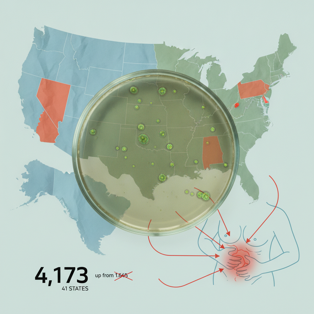 Map of the U.S. showing a cyclosporiasis outbreak with a petri dish and symptoms illustrated, highlighting 4,173 cases.
