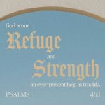 Artistic representation of Psalms 46:1 with text emphasizing refuge and strength against a blue back — Psalms 46 1 meaning