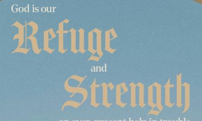 Artistic representation of Psalms 46:1 with text emphasizing refuge and strength against a blue back — Psalms 46 1 meaning