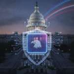 A digital shield with an eagle emblem and circuit patterns overlays the U.S. Capito — American Quantum Competitiveness Act