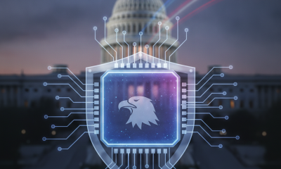 A digital shield with an eagle emblem and circuit patterns overlays the U.S. Capito — American Quantum Competitiveness Act