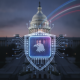A digital shield with an eagle emblem and circuit patterns overlays the U.S. Capito — American Quantum Competitiveness Act