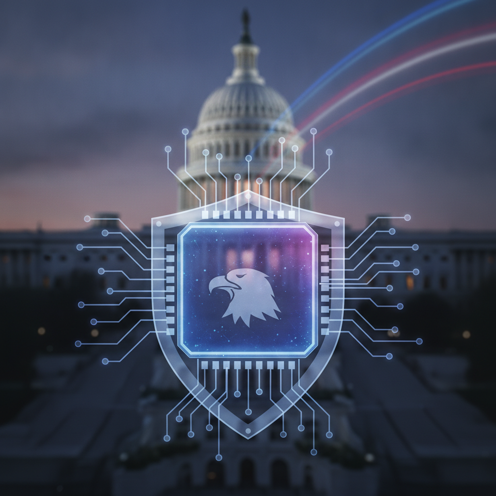 A digital shield with an eagle emblem and circuit patterns overlays the U.S. Capito — American Quantum Competitiveness Act