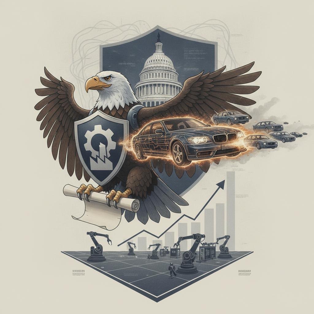 Graphic representing the Automotive National and Economic Security Act for domestic vehicle supply chain security.